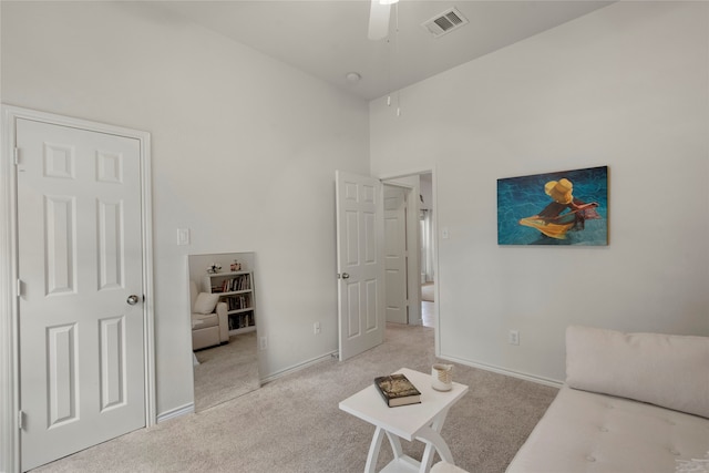 7585 Glasshouse Walk, Frisco, TX 75035 - bedroom with carpet, a towering ceiling, and a ceiling fan