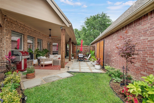 7585 Glasshouse Walk, Frisco, TX 75035 - fenced backyard with an outdoor living space, a patio, and ceiling fan