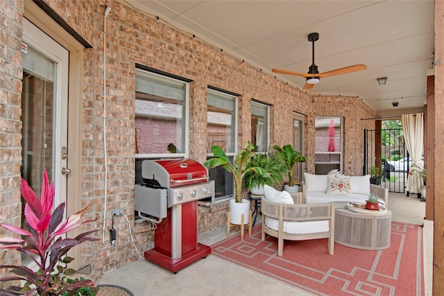 7585 Glasshouse Walk, Frisco, TX 75035 - view of patio featuring a ceiling fan, outdoor lounge area, and grilling area