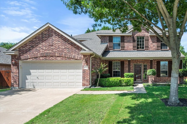 9324 Shadowfax Dr, Arlington, TX 76002 - traditional-style home featuring brick siding, a garage, roof with shingles, a front lawn, and concrete driveway