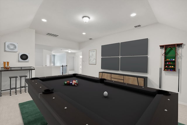 9324 Shadowfax Dr, Arlington, TX 76002 - recreation room with vaulted ceiling, pool table, light colored carpet, and recessed lighting