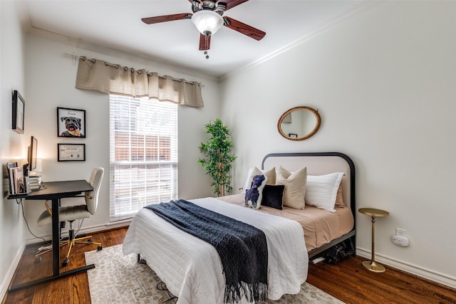 3208 Cole Ave Unit 1110, Dallas, TX 75204 - bedroom with multiple windows, wood finished floors, crown molding, a desk, and a ceiling fan