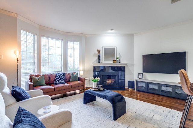 3208 Cole Ave Unit 1110, Dallas, TX 75204 - living room with wood finished floors, healthy amount of natural light, ornamental molding, and a fireplace