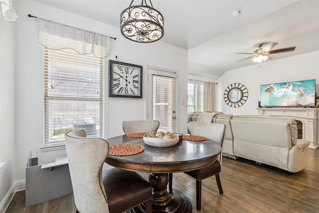 1344 Mountain View Ln, Kennedale, TX 76060 - dining area featuring wood finished floors, a ceiling fan, and vaulted ceiling