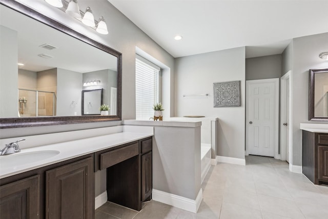 1344 Mountain View Ln, Kennedale, TX 76060 - bathroom with a shower stall, a garden tub, vanity, tile patterned floors, and recessed lighting