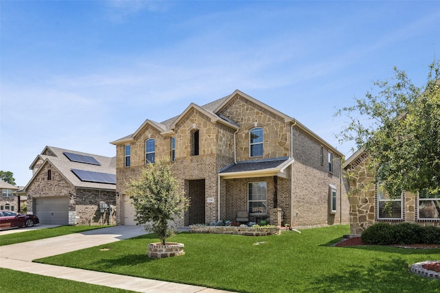 1344 Mountain View Ln, Kennedale, TX 76060 - view of front of property featuring roof mounted solar panels, driveway, a front lawn, brick siding, and a garage