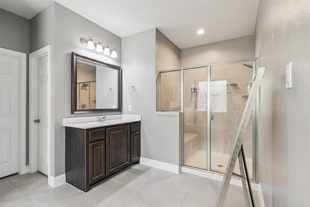 1344 Mountain View Ln, Kennedale, TX 76060 - bathroom with a stall shower, vanity, tile patterned flooring, and recessed lighting