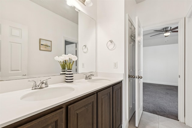 1344 Mountain View Ln, Kennedale, TX 76060 - bathroom with double vanity, ceiling fan, and tile patterned floors
