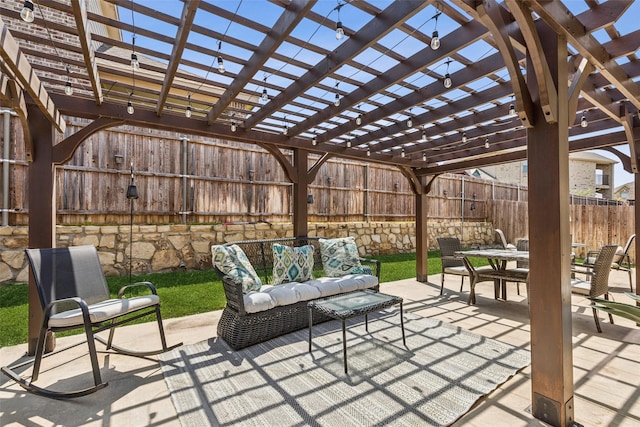 1344 Mountain View Ln, Kennedale, TX 76060 - fenced backyard featuring outdoor lounge area, outdoor dining space, a pergola, and a patio area