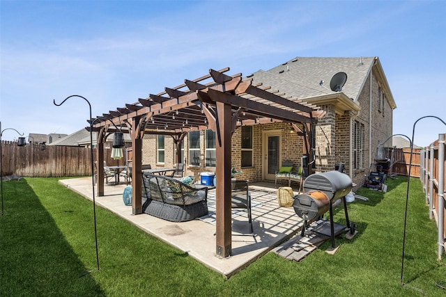 1344 Mountain View Ln, Kennedale, TX 76060 - rear view of house featuring a pergola, a fenced backyard, brick siding, a patio, and roof with shingles
