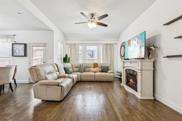 1344 Mountain View Ln, Kennedale, TX 76060 - living area with ceiling fan, dark wood finished floors, a glass covered fireplace, and vaulted ceiling