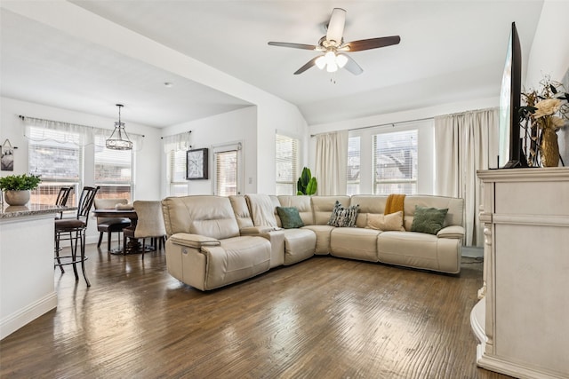 1344 Mountain View Ln, Kennedale, TX 76060 - living area with dark wood finished floors, ceiling fan, and vaulted ceiling