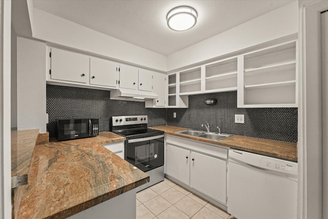 5305 Fleetwood Oaks Dr Unit 274, Dallas, TX 75235 - kitchen with open shelves, white dishwasher, stainless steel range with electric stovetop, black microwave, and under cabinet range hood