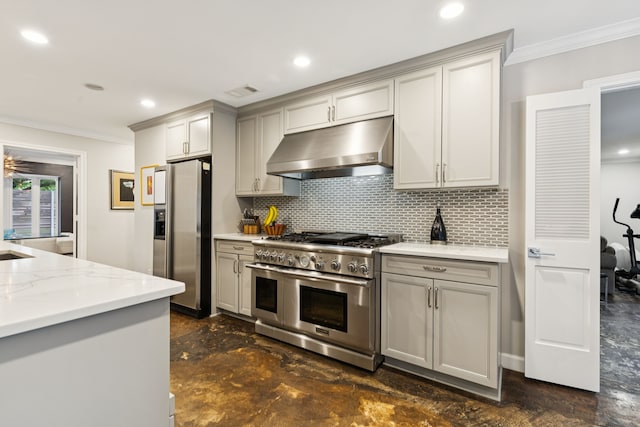 7339 Meadow Oaks Dr, Dallas, TX 75230 - kitchen featuring appliances with stainless steel finishes, under cabinet range hood, gray cabinets, ornamental molding, and decorative backsplash