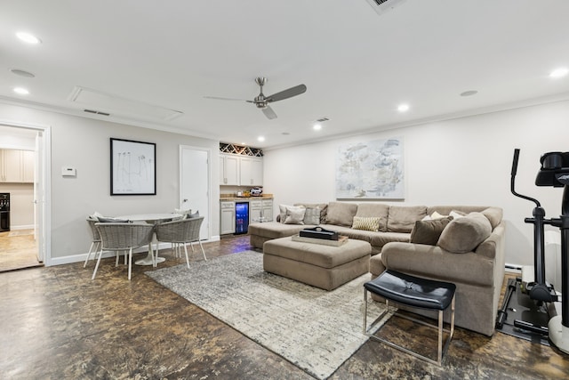 7339 Meadow Oaks Dr, Dallas, TX 75230 - living room with crown molding, ceiling fan, attic access, beverage cooler, and recessed lighting