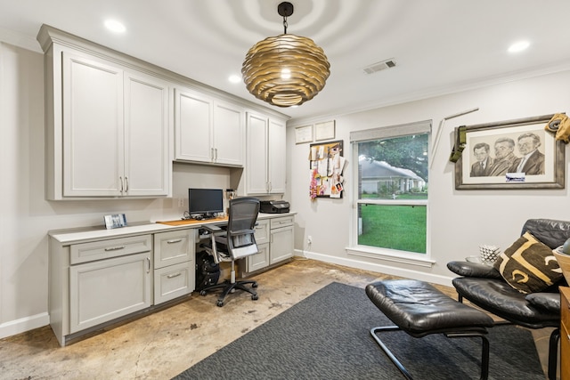 7339 Meadow Oaks Dr, Dallas, TX 75230 - office area with built in study area, ornamental molding, and recessed lighting