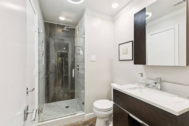 7339 Meadow Oaks Dr, Dallas, TX 75230 - bathroom with vanity, a shower stall, and crown molding