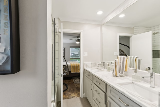 7339 Meadow Oaks Dr, Dallas, TX 75230 - full bath with ensuite bathroom, double vanity, crown molding, a ceiling fan, and recessed lighting