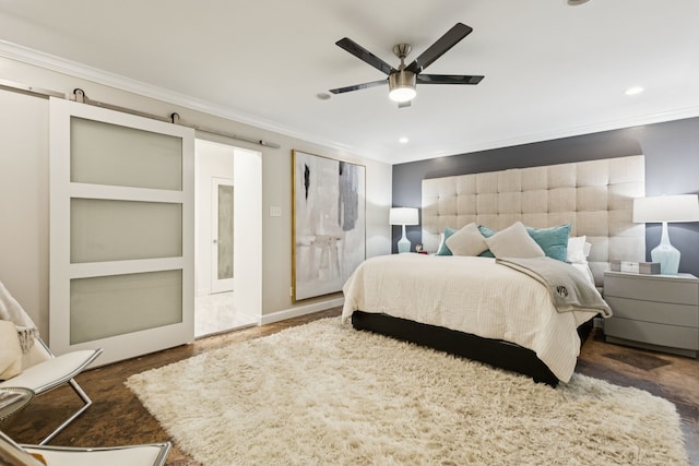 7339 Meadow Oaks Dr, Dallas, TX 75230 - bedroom featuring crown molding, a barn door, recessed lighting, ceiling fan, and wood finished floors