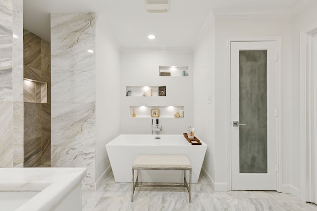 7339 Meadow Oaks Dr, Dallas, TX 75230 - bathroom featuring crown molding, a soaking tub, marble finish flooring, vanity, and recessed lighting