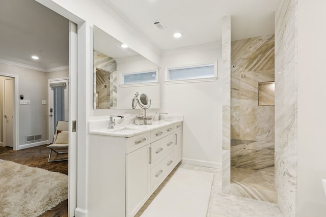 7339 Meadow Oaks Dr, Dallas, TX 75230 - full bathroom with crown molding, a marble finish shower, double vanity, and recessed lighting