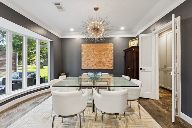 7339 Meadow Oaks Dr, Dallas, TX 75230 - dining area featuring a chandelier, recessed lighting, and ornamental molding