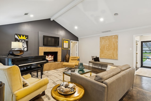 7339 Meadow Oaks Dr, Dallas, TX 75230 - living room featuring a tiled fireplace, ornamental molding, recessed lighting, and finished concrete floors