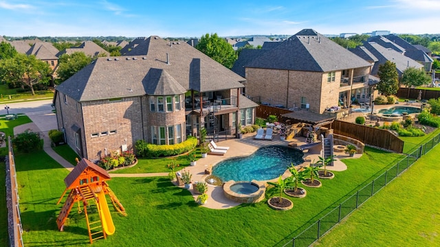 2223 Galloway Blvd, Trophy Club, TX 76262 - view of pool with a pool with connected hot tub, a fenced backyard, a playground, a patio area, and a residential view