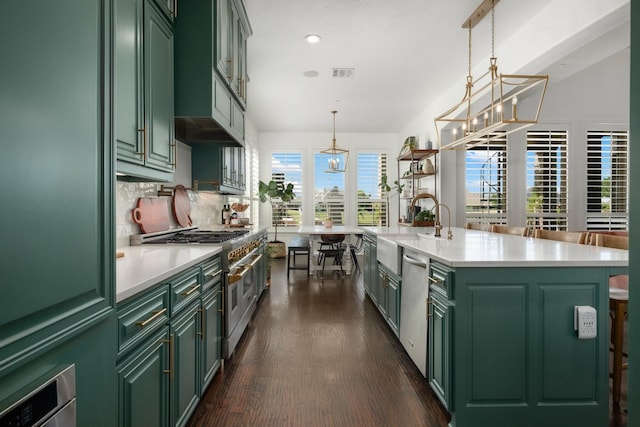 2223 Galloway Blvd, Trophy Club, TX 76262 - kitchen featuring green cabinets, stainless steel appliances, light countertops, dark wood-type flooring, and recessed lighting