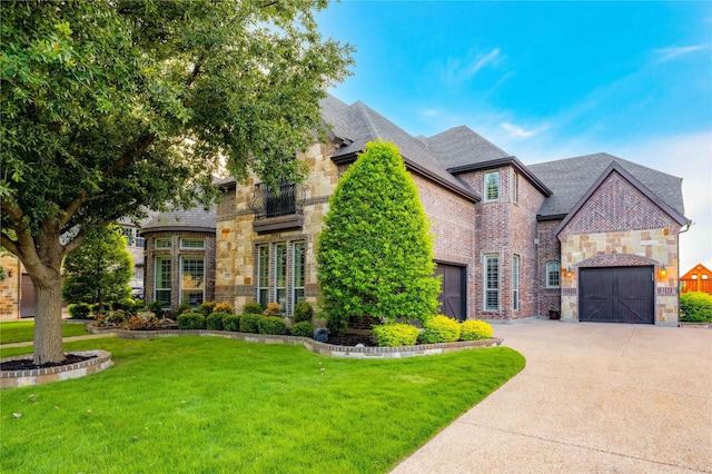 2223 Galloway Blvd, Trophy Club, TX 76262 - french country style house with stone siding, concrete driveway, a front yard, brick siding, and a garage