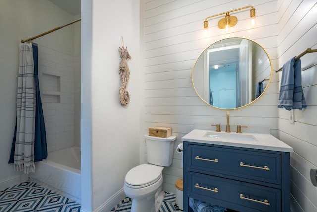2223 Galloway Blvd, Trophy Club, TX 76262 - full bath featuring vanity, tile patterned floors, shower / bath combo, and wooden walls