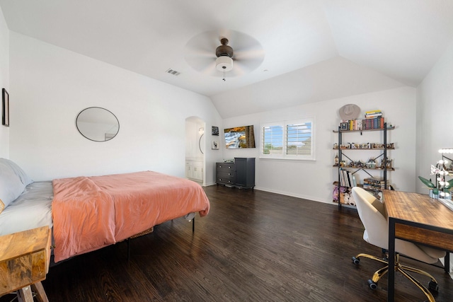 2223 Galloway Blvd, Trophy Club, TX 76262 - bedroom with arched walkways, wood finished floors, vaulted ceiling, and ceiling fan