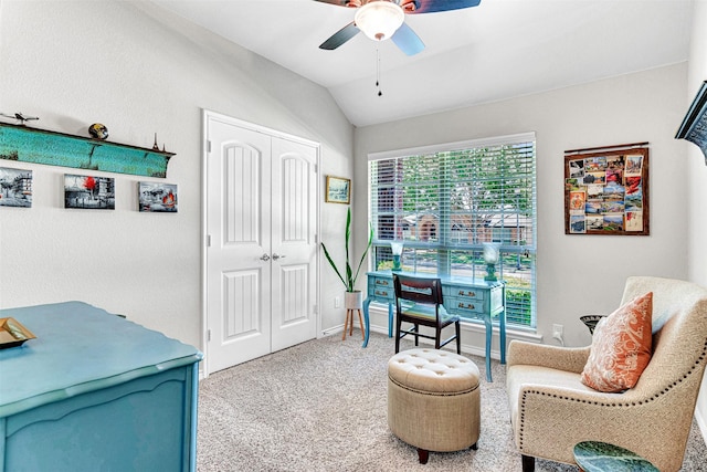 1402 White Water Ln, Rockwall, TX 75087 - sitting room with a ceiling fan, carpet flooring, and lofted ceiling