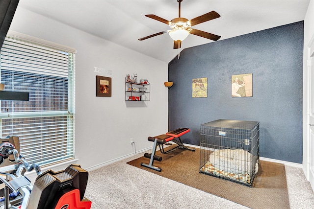 1402 White Water Ln, Rockwall, TX 75087 - exercise area with a ceiling fan, lofted ceiling, and carpet