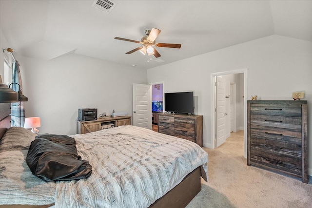 101 Paytons Way, Corsicana, TX 75110 - bedroom featuring light carpet, vaulted ceiling, and ceiling fan