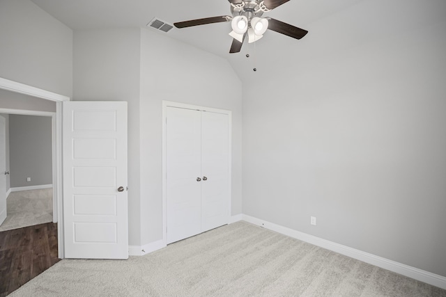 4919 Elizabeth Way, Lone Oak, TX 75453 - unfurnished bedroom with carpet floors, vaulted ceiling, a closet, and a ceiling fan
