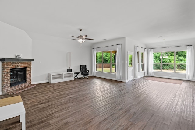 4919 Elizabeth Way, Lone Oak, TX 75453 - unfurnished living room featuring wood finished floors, ceiling fan, and a fireplace