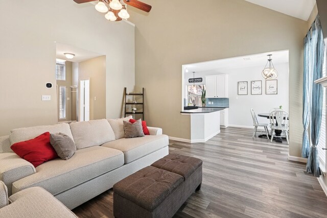 104 Northfield Cir, Hickory Creek, TX 75065 - living area featuring high vaulted ceiling, ceiling fan, and wood finished floors