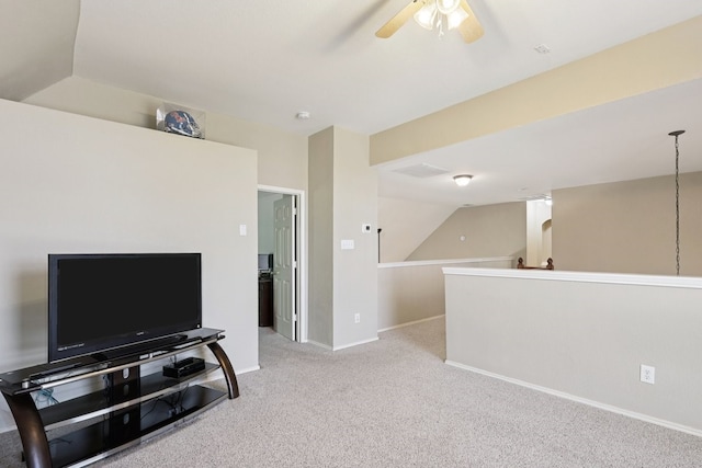 104 Northfield Cir, Hickory Creek, TX 75065 - living room featuring ceiling fan, carpet floors, and vaulted ceiling