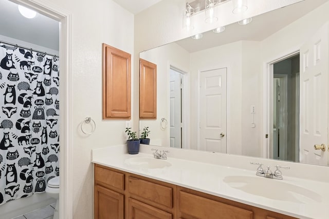 104 Northfield Cir, Hickory Creek, TX 75065 - full bathroom with double vanity, tile patterned flooring, and a shower with curtain