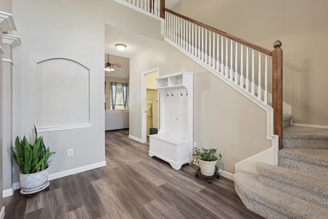104 Northfield Cir, Hickory Creek, TX 75065 - foyer with stairway, ceiling fan, and wood finished floors