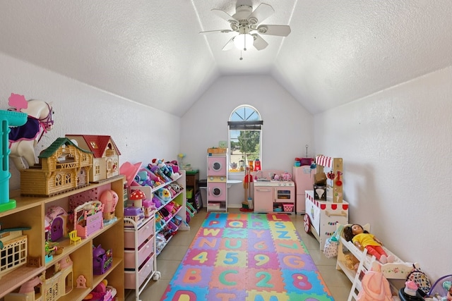 104 Northfield Cir, Hickory Creek, TX 75065 - game room featuring a ceiling fan, vaulted ceiling, a textured ceiling, and tile patterned flooring