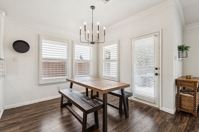 7716 Glenoaks Dr, Frisco, TX 75034 - dining space featuring ornamental molding, a chandelier, and dark wood-type flooring