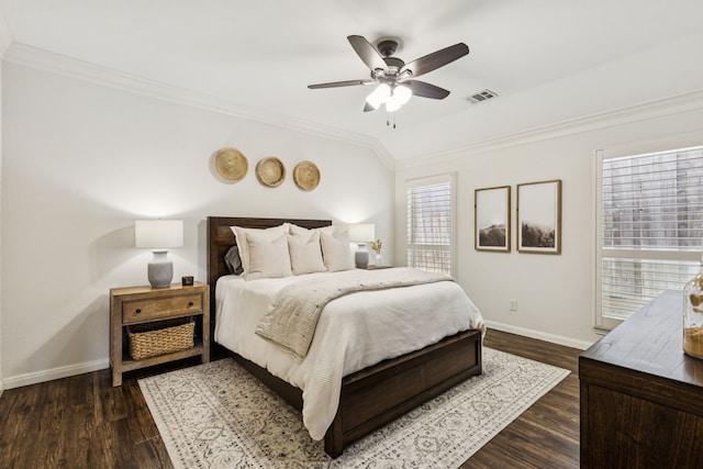 7716 Glenoaks Dr, Frisco, TX 75034 - bedroom featuring ornamental molding, dark wood-style floors, and a ceiling fan