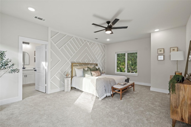 5115 Hohen Ave, Dallas, TX 75215 - bedroom with light carpet, recessed lighting, a ceiling fan, and connected bathroom