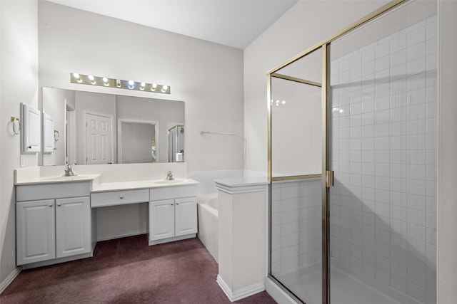 8709 Hartford Dr, Rowlett, TX 75089 - bathroom featuring a stall shower, double vanity, and a bath
