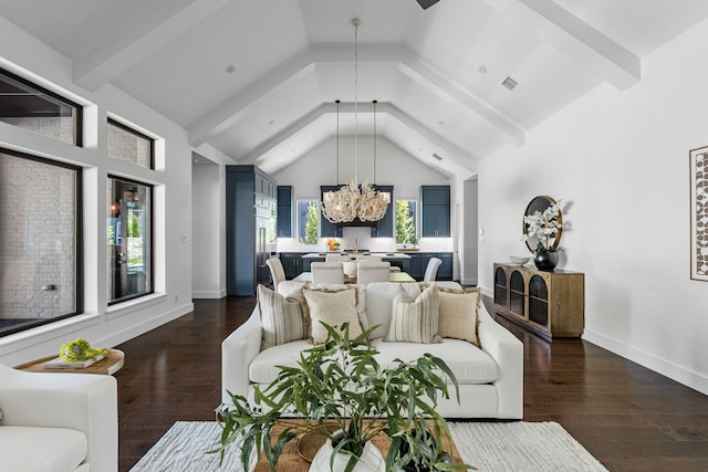 8990 Frostweed Rd, Frisco, TX 75035 - living area with a chandelier, dark wood finished floors, beam ceiling, and high vaulted ceiling