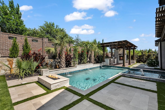 8990 Frostweed Rd, Frisco, TX 75035 - view of pool featuring a fire pit, a patio, a fenced backyard, and a pool with connected hot tub