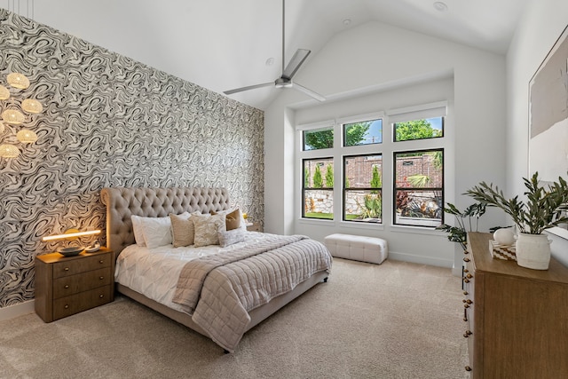 8990 Frostweed Rd, Frisco, TX 75035 - carpeted bedroom featuring high vaulted ceiling and a ceiling fan