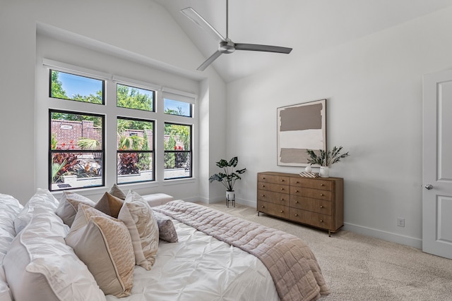 8990 Frostweed Rd, Frisco, TX 75035 - carpeted bedroom featuring multiple windows, a ceiling fan, and high vaulted ceiling